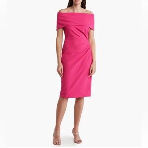 Marina Off the Shoulder Sheath Dress Size 14 Short Sleeve Gathered In Fuchsia